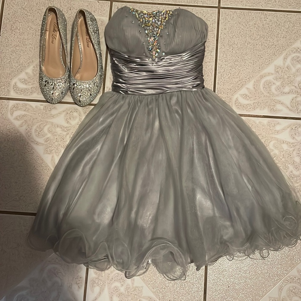 Beautiful beaded grey prom dress with matching shoes